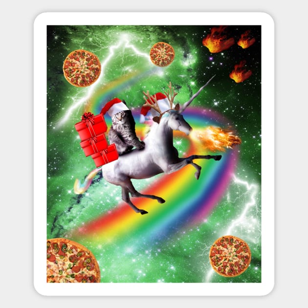 Christmas Cat Santa Riding Unicorn, Space Pizza Funny Sticker by Random Galaxy